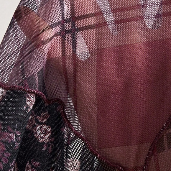 Boho Floral Plaid Print Reverse Stitch Long Sleeve Semi Sheer Top - Picture 6 of 6